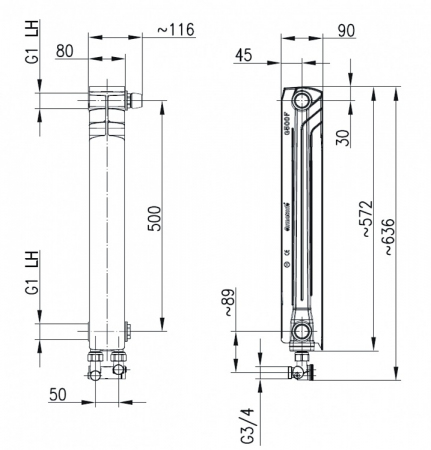 Element prawy G500 F /D/1 z dolnym zasilaniem krzyżowym, z zespołem przyłączeniowym kątowym KFA