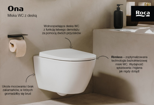 MISKA WISZĄCA ONA 53x36cm RIMLESS + DESKA WOLNOOPADAJĄCA DUROPLAST BIAŁY ROCA