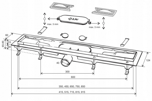 ODWODNIENIE LINIOWE PODŁOGOWE 650 MM, Z RAMKĄ ZE STALI NIERDZEWNEJ, RUSZT STANDARD/CUSTOM