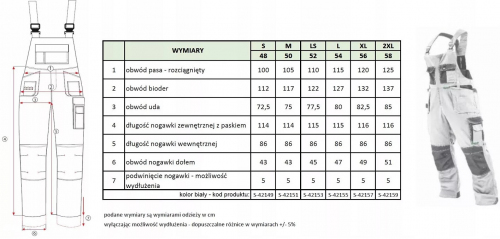 SPODNIE OGRODNICZKI BIAŁE 'ALLROUND LINE ' '56-XL' STALCO PREMIUM