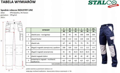 SPODNIE ROBOCZE DO PASA 'INDUSTRY LINE 'GRANATOWA '50-M' STALCO PREMIUM