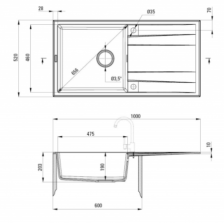 ZLEWOZMYWAK ERDIAN NERO GRANIT 1-KOMOROWY Z/O 1000X520X203+SPACE SAVER LUX (DEANTE)