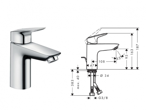 BATERIA UMYWALKOWA 'LOGIS 70' BEZ ZESTAWU ODPŁYWOWEGO CHROM [HANSGROHE]