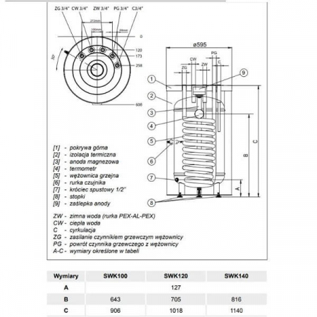 ZASOBNIK STOJĄCY Z WĘŻOWNICĄ SPIRALNĄ - KRÓĆCE W GÓRĘ SWK-120 TERMO TOP BIAŁY KOSPEL