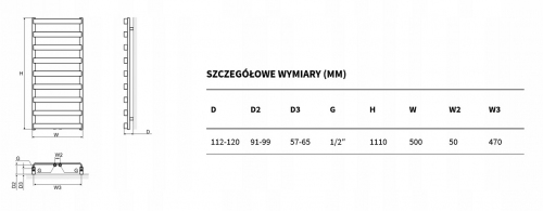 GRZEJNIK METEOR CZARNY MAT 1110X500 PODŁ DOLNE ŚRODKOWE