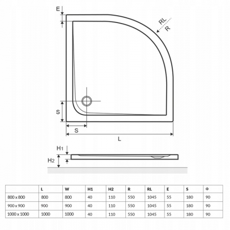 BRODZIK SENSE 90X90X40 PÓŁOKRĄGŁY NISKI FI 90 EXCELLENT