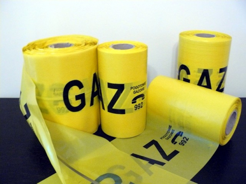 Taśma ostrzegawcza żółta 20 cm - gaz z paskiem metalowym (100 mb szt)